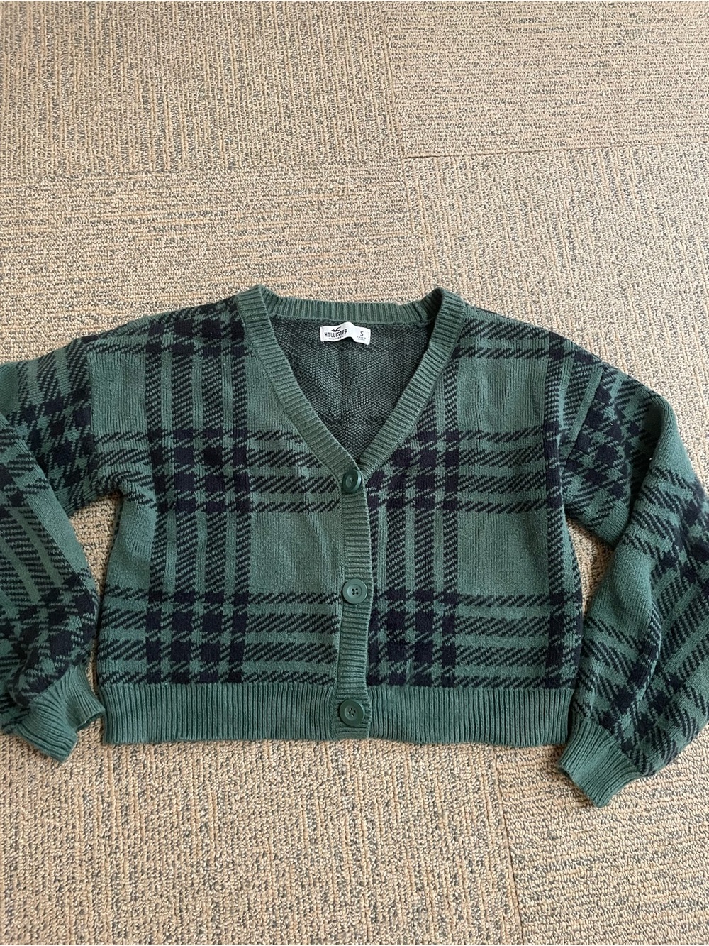 Hollister Cropped Green Plaid V-Neck Button Cardigan Sweater